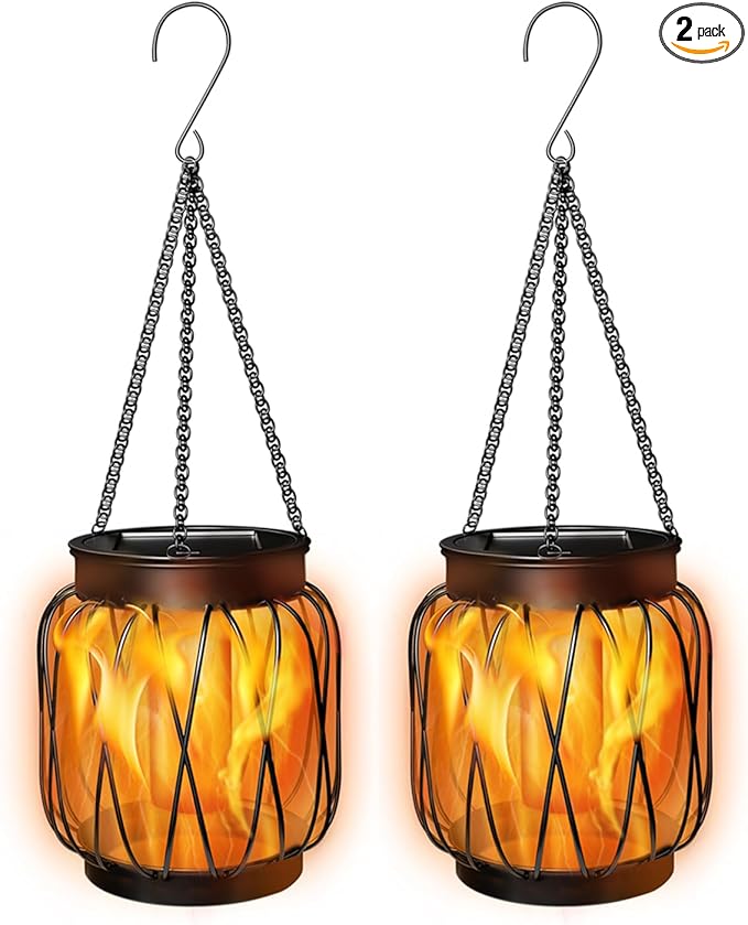 Solar Hanging Lantern Lights Outdoor Waterproof, 2 Pack Solar Flame Lantern with Hook, Metal Hanging Lanterns for Outside, Led Porch Lanterns for Patio Tree Camping Garden Decorative Lights