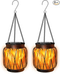 Solar Hanging Lantern Lights Outdoor Waterproof, 2 Pack Solar Flame Lantern with Hook, Metal Hanging Lanterns for Outside, Led Porch Lanterns for Patio Tree Camping Garden Decorative Lights