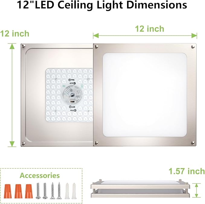 Square Ceiling Light Fixture - 36W 3000K/3500K/4000K/5000K/6000K Adjustable Flush Mount Led Light for Bathroom Bedroom Kitchen Hallway (8 Pack Brushed Nickel (5CCT), 12 Inch)