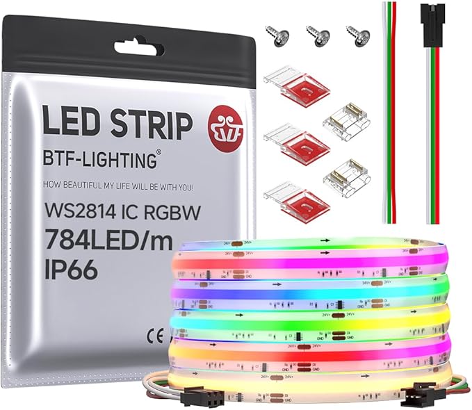 BTF-LIGHTING FCOB IP66 COB LED Strip WS2814 IC RGBW 3000K 24FT 784LED/m DC24V Flexible High Density Color Chasing Light 10mm Width for Home Indoor Decor(No Adapter or Controller)