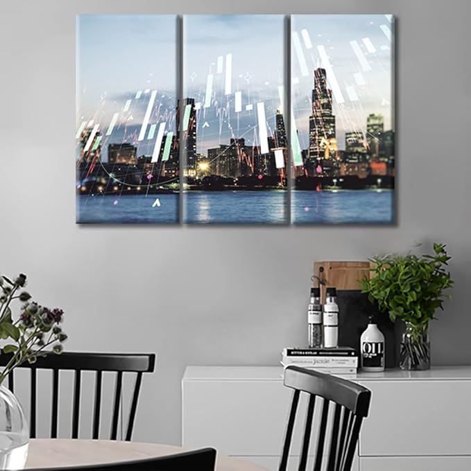 Chicago Skyline Background Forex and Investment Concept Pictures Wall Art 3 Panel Abstract Virtual Financial Graph Hologram Paintings for Living Room Bedroom Bathroom Office Ready to Hang (36"Wx24"H)