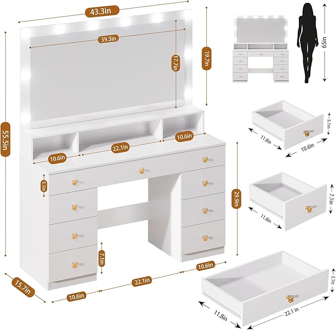 White Vanity Desk with Large Lighted Mirror, Makeup Vanity Desk with Power Outlet, 9 Drawers & Storage Shelf, Women Girls Vanity Dressing Table for Bedroom Bathroom