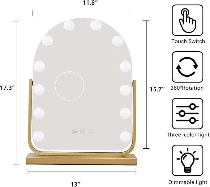 Vanity Mirror with Lights,17.3"×13" Lighted Makeup Mirror with 12 Dimmable LED Bulbs,10X Magnification Smart Touch Control Hollywood Mirror with Lights,3 Colors Dimmable,360° Rotation (Gold)