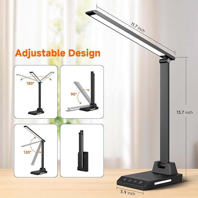 ShineTech LED Desk Lamp with USB-C Charging Port, Dimmable Desk Lamp for Home Office, Eye-Caring Reading Lamp with 25 Lighting Modes, Small Desk Light for Bedroom Nightstand with Adapter