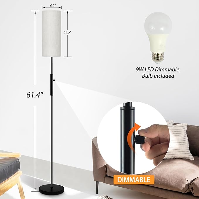 Floor Lamps for Living Room, Modern Standing Lamp, Minimalist Pole Lamps, Stepless Dimmable 9W Bulb Included, Tall Lamp with Linen Shade, Lamps for Bedroom, Office, Kids Room, Reading Light