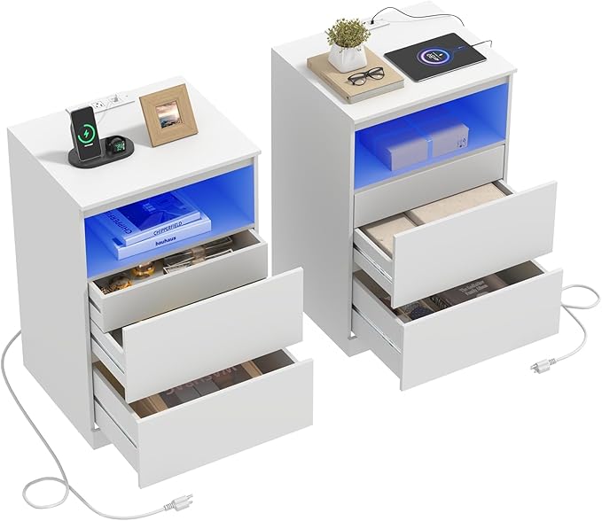 Nightstand Set of 2 with LED Lights, 26" H with Hidden Drawer, Bedside Table with Charging Station, 3 Drawers, Modern Night Stand for Bedroom, White