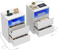 Nightstand Set of 2 with LED Lights, 26" H with Hidden Drawer, Bedside Table with Charging Station, 3 Drawers, Modern Night Stand for Bedroom, White
