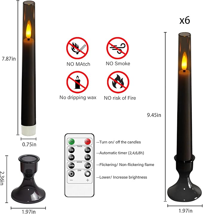 Flameless Taper Candles,with Remote and Timer Flickering Flameless Candles,6 Pack Led Candles,with Base Battery Operated Candles， Taper Candles for Home, Wedding, Party (Grey)