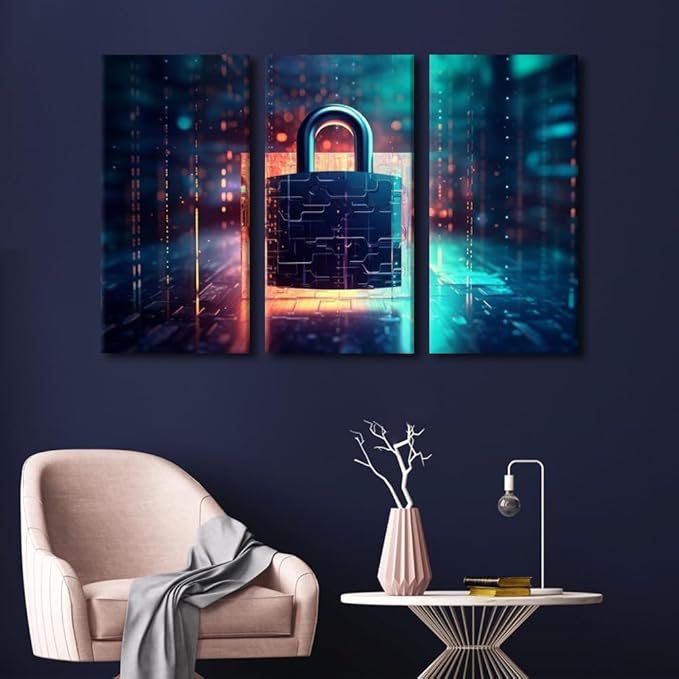 Framed Wall Art 3 Panel Cyber Security and Data Protection Concept Pictures Print on Canvas Wall Art for Living Room Bedroom Bathroom Decorations, Modern Posters and Prints, 42" Wx28 H