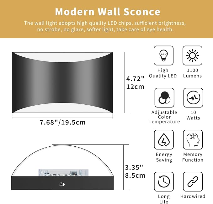 TingMiao Black Modern LED Wall Sconce, Hardwired Wall Sconces Set of 2, 3 Colors Indoor Wall Lamp, 10W Up and Down Aluminum Wall Mount Light for Bedroom Living Room Hallway Corridor (Black, 2 Pack)