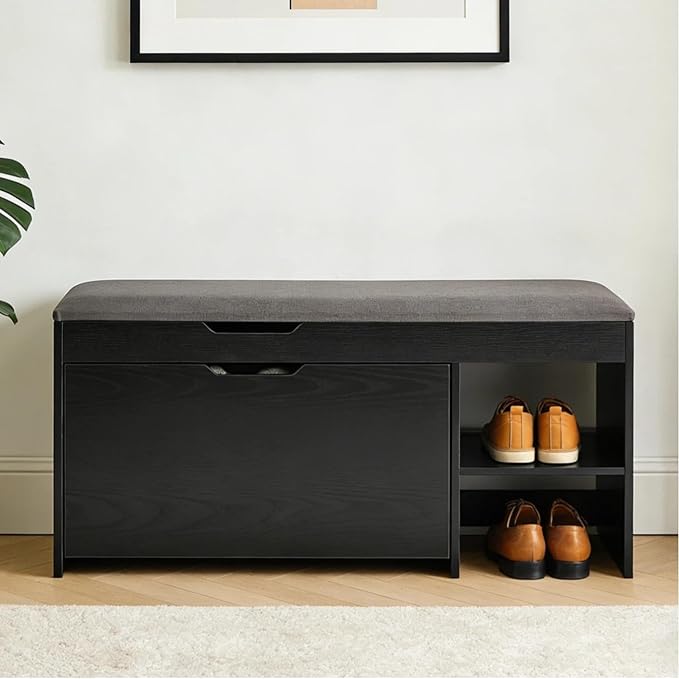 Shoe Storage Bench with a Flip Drawer, Entryway Bench with Removable Cushion, Hallway & Mudroom Organizer with Seat, Front Door Shoe Rack Cabinet, Black