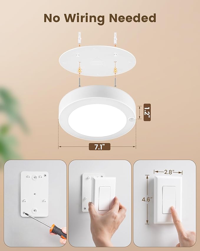 SURAIELEC Rechargeable Ceiling Light with Wall Switch, 8000mAh Battery Ceiling Light Indoor, Wall Switch Remote or Motion Sensor, 6500K 300LM, Battery Lights No Wiring for Shed, Pantry, Closet, 1-Pack