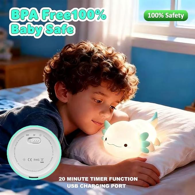 Cute Axolotl Night Light for Kids Bedroom, Animal Silicone Nursery Night Lamp Touch Control Nightlights USB Rechargeable Bedside Lamp for Baby Children Toddlers Girls Gift (Green Axolotl)