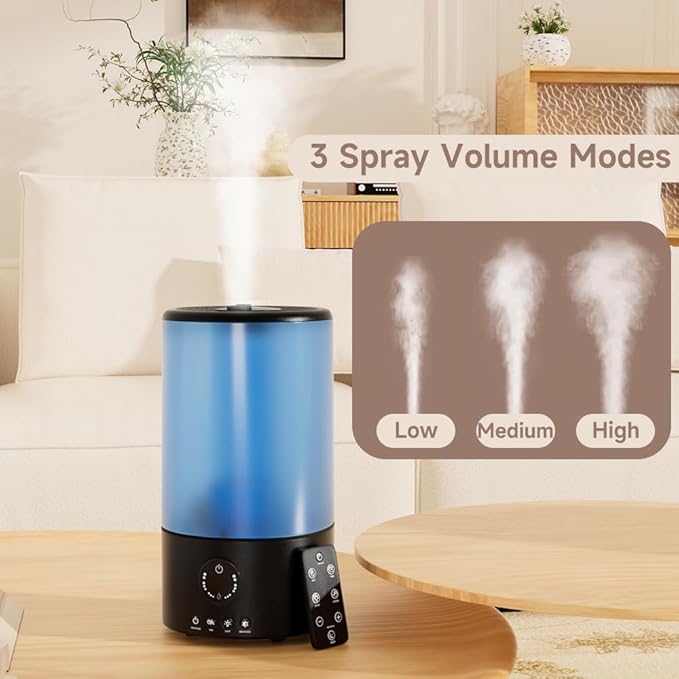 Humidifiers for Bedroom, 3.2L Quiet Ultrasonic Cool Mist Humidifier with 360° Nozzle, 18H Runtime, Timer (1/2/4/8H), Auto Shut-Off, 7-Color RGB Light, Adjustable Mist, for Home, Nursery & Plants