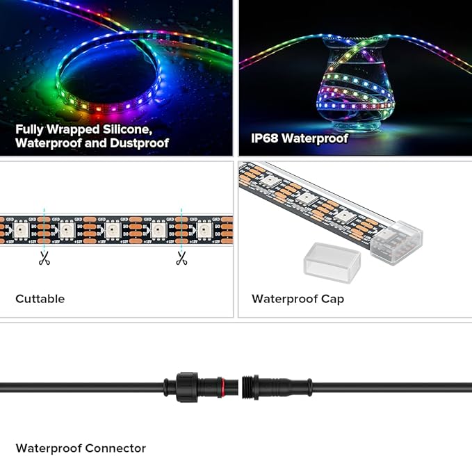 BTF-LIGHTING IP68 Waterproof Outdoor WS2815(Upgraded WS2812B) RGB LED Strip Individually Addressable 5050SMD Dual Signal DC12V 16.4ft 300Pixel Can Work Outdoor Black PCB(No Adapter or Controller)