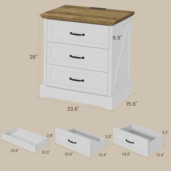 NightStand Set of 2 with Charging Station, Farmhouse 23.6" W Bedside Table with 4 Drawers, Night Stand for Bedroom, Home Office, White & Brown