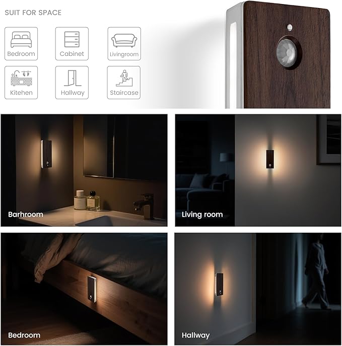 Wooden Motion Sensor Night Light, LED Backlit Nightlight, Rechargeable Light with Two-Sided Glow for Decor, Magnetic Stick-on, 3CCT Dimmable Lights for Hallway, Bedroom, Stairs, Black Walnut