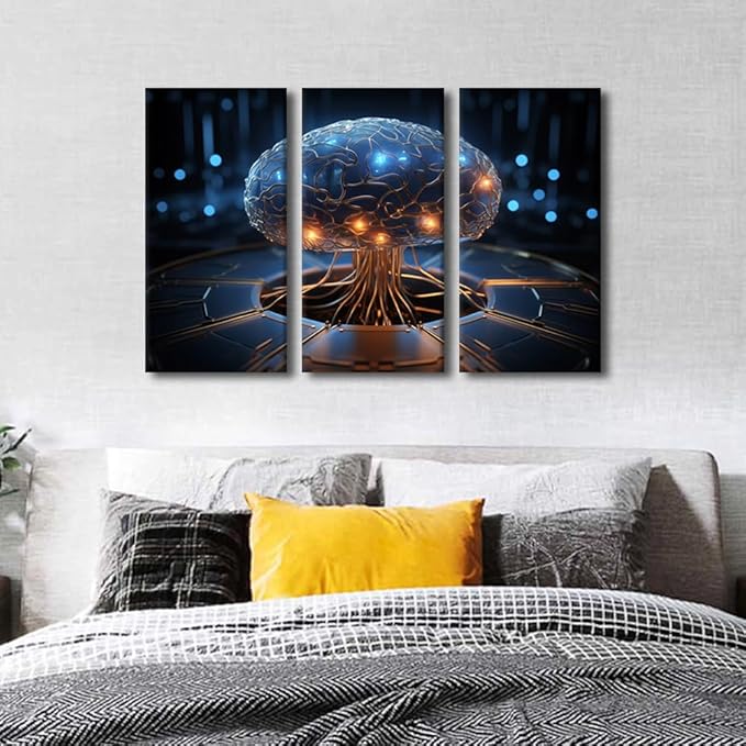 Concept Wall Decor Artificial Intelligence Pictures Posters 3 Pieces Robot Brain Wall Art for Home Decoration, AI Artwork Wooden Framed Gallery-Wrapped Ready to Hang, 36" Wx24 H