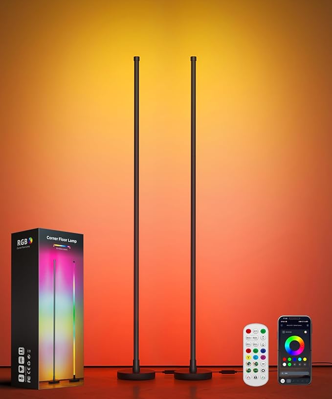 Smart RGB LED Corner Floor Lamp, Standing Lamp with Music Sync and 16M+ DIY Colors, Remote & App Control, Color Changing Ambient Lighting, Floor Lamps for Living Room, Bedroom and Party(2 Pack)