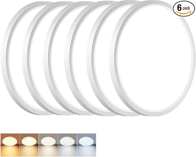 6 Pack LED Flush Mount Ceiling Light,12Inch 24W,3000K/3500K/4000K/5000K/6500K 5 Color Temperatures Ceiling Light Fixture for Kitchen Porch Hallway Bedroom Bathroom,White