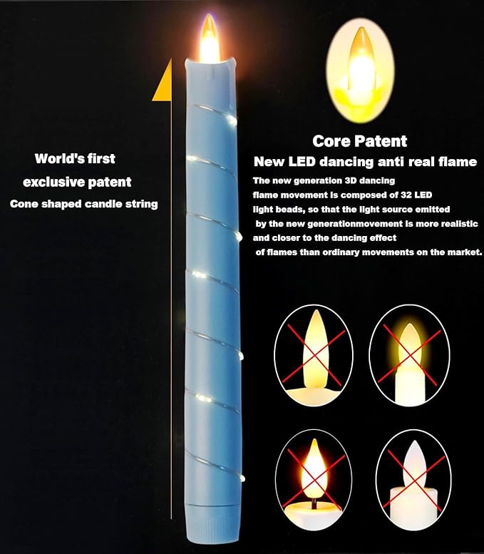 Flameless Cone Candle with Built-in Star String Light, 11 Button Remote Control, Timer, Battery Powered, Analog Flame, 3 Pack of Window Candles, Christmas Home & Wedding Decoration (Sky Blue)