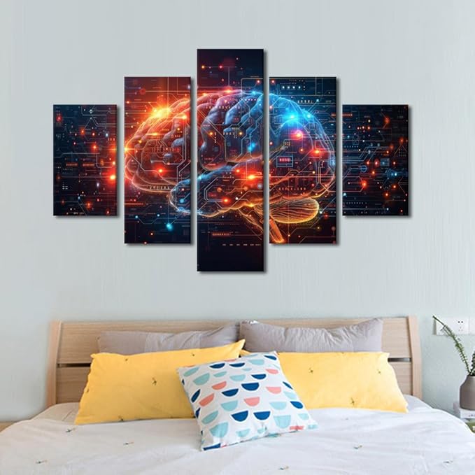 5 Panel Bedroom Wall Art Artificial Intelligence Canvas Wall Art for Living Room Futuristic Technology House Decor Neural Networks Art Wall for Home AI Poster and Prints Artwork Home Decor 60"Wx40"H