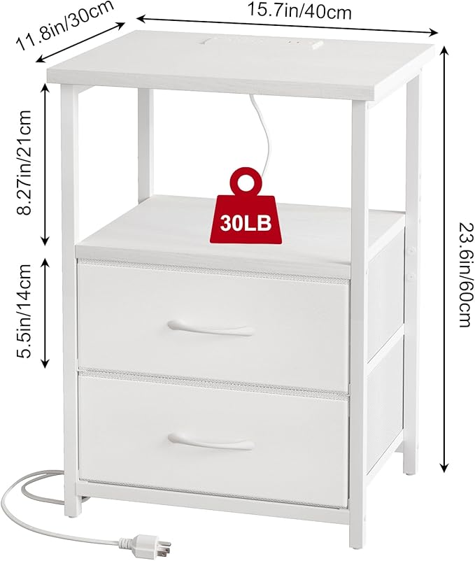 Fixwal White Night Stand with Charging Station, Bedroom Nightstand with Fabric Drawers, Bedside Table with PU Finish