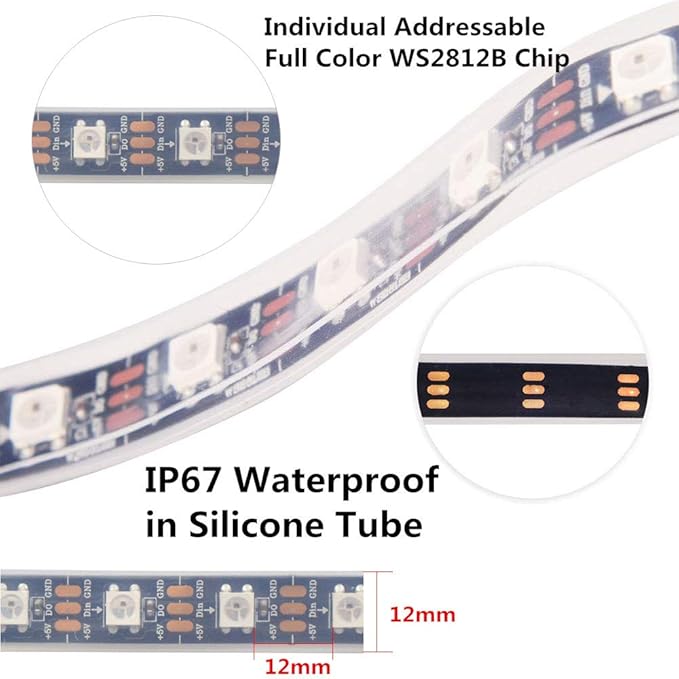 WS2812B LED Strip Lights 16.4ft 5M WS2812B 300LEDs Programmable Individual Addressable WS2811 Built-in 5050 RGB LED Strip IP67 Waterproof DC5V with Mini Controller
