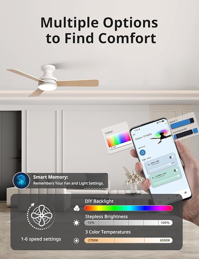 Orison Ceiling Fans with Lights – 42" Low Profile Flush Mount, Smart RGB Backlight & Dimmable LED, Alexa & Google Compatible, 6-Speed Reversible, App & Remote Control, Quiet & Energy Saving, White