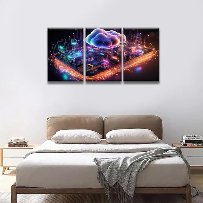LSIUHWUWI 3 Panel Canvas Wall Art Contemporary Art Cloud Computing Concept Wall Paintings for Living Room Wall Decoration, Modern Artwork Giclee Wooden Framed Ready to Hang, 16x24inchx3