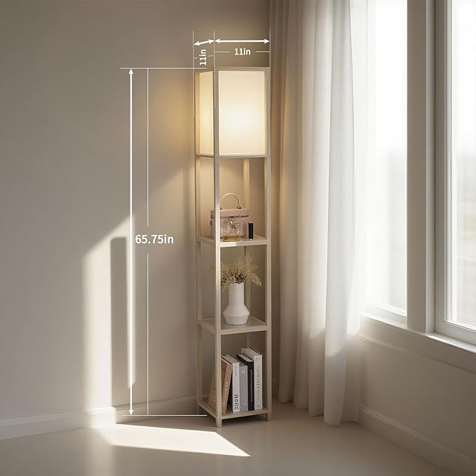 Floor Lamp with Shelves, Modern Square Standing Lamp with Glass Shelves, Corner Display Shelf with Light, Tall Lamp with Shelves for Living Room, Bedroom, Office, Bookshelf, Whitewashed Oak