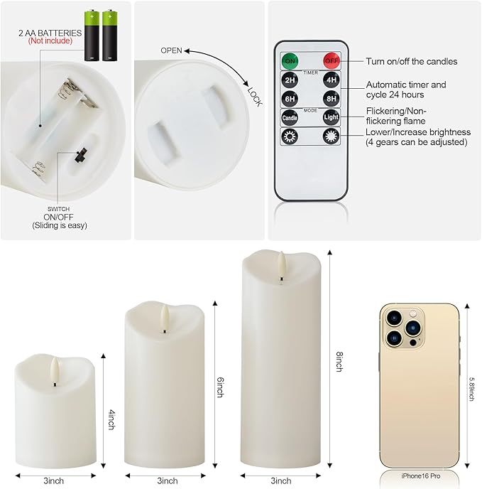 Raycare 3"x4"6" 8" Outdoor Waterproof Flameless Candles, Battery Operated LED Candles with Remote Control and Timer, Electric Fake Plastic Pillar Candles, Ivory White, Set of 3