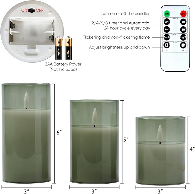 5plots Flameless Battery Operated Candles Set of 3, Green LED Candles with Remote Timer, Real Wax Glass Pillar Candles Warm Flickering Light for Indoor Home, Halloween, Christmas Decor D3 x H4 5" 6"