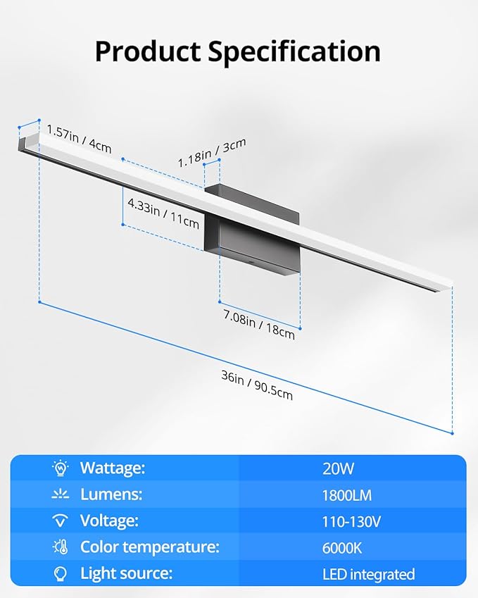Combuh LED Bathroom Vanity Light Bar 36 Inch 20W Black IP44 Over Mirror Lighting Fixture Wall Sconce Indoor Modern Cool White 6000K
