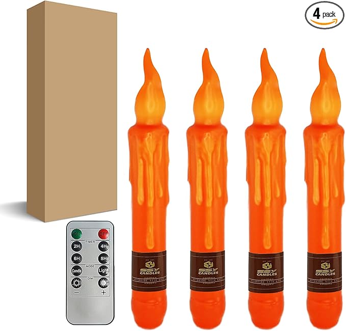Orange Flameless Short Taper Candles, Real Wax Hand Dipped LED Battery Operated with Remote, Flickering Flame Lights for Festival Party Home Décor, 6.7 Inch Primitive Flameless Candles, 4PCS