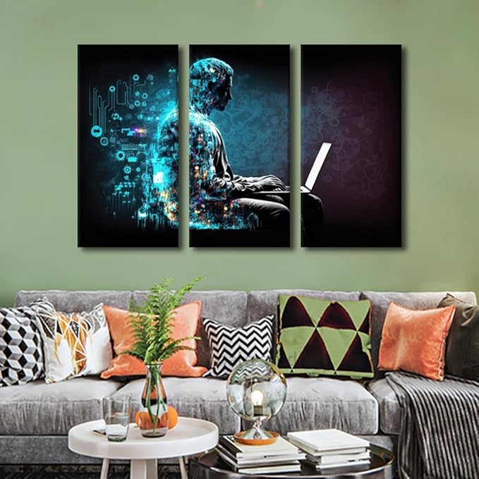 AI Wall Art for Living Room 3 Piece Internet of Things Canvas Printing Posters Digital Software Development Picture, Modern Artwork for Living Room Decor Ready to Hang, 42"Wx28"H