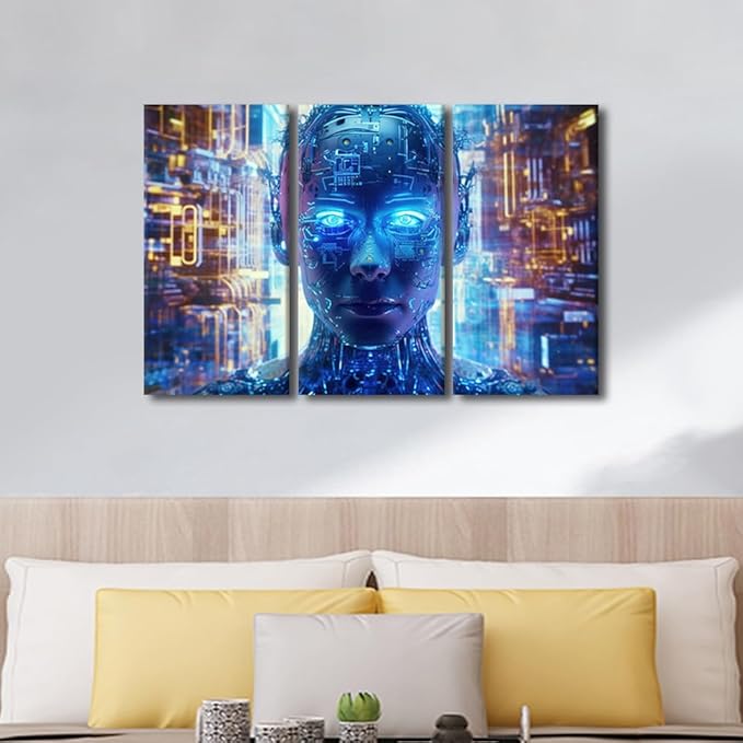 3 Panels Modern Wall Art AI Art for Business and Technology Pictures Prints Art for Living Room Bedroom Wall Decorations, Stretched Framed Gallery-Wrapped Ready to Hang, 36" Wx24 H