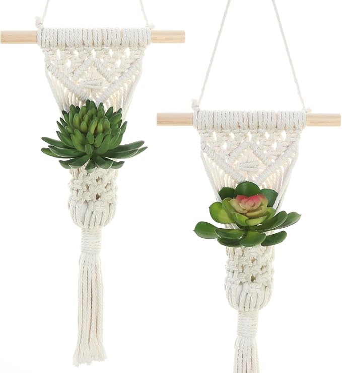 Macrame Wall Hanging Plant Holder with Artificial Succulent, Natural Cotton with Wood Dowel, Boho Wall Decor, Hanging Plants Set of 2 (Succulent 2pcs)