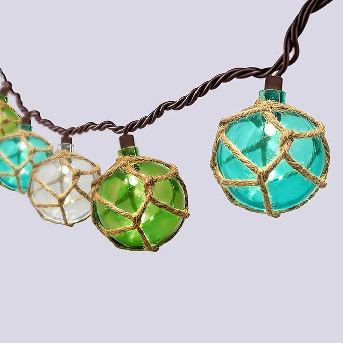 8.5Ft Nautical Fishing Float String Lights, Plug in Beach Themed Buoy Lights Set of 10 LED Tiki Bar Lights Indoor Home Decor and Outdoor Patio Decorations-Blue/Green/White