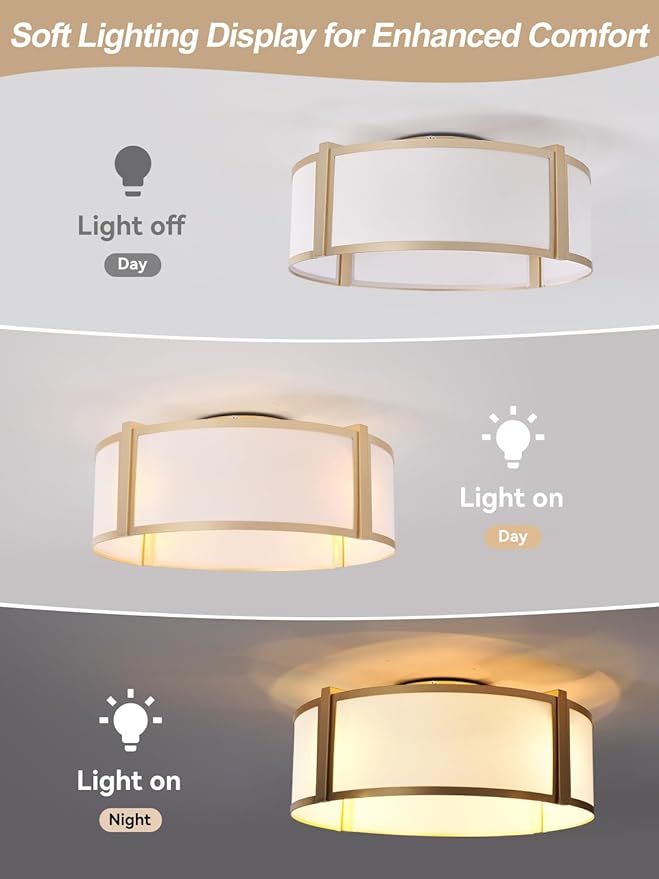 Gold Caged Ceiling Fan with Light, 20" Flush Mount Boho Ceiling Fans with Lights Remote Control, Low Profile Fabric Bladeless with 6 Speeds for Bedroom, Nursery, Living Room