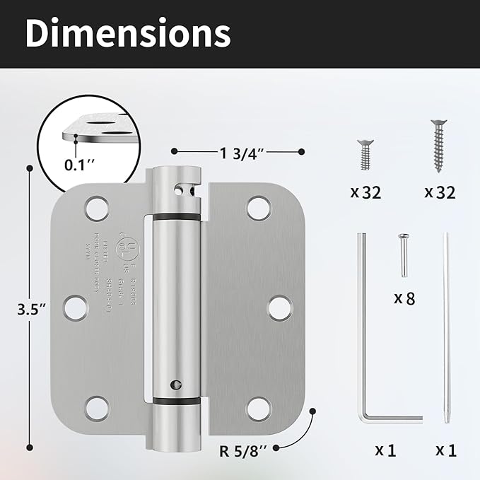 4 Pack Self Closing Door Hinges 3.5 Inch, Spring Door Hinge with 5/8'' Radius Corners, Adjustable Tension for Garage, Front, Back Door, UL Listed, Left and Right Hand, Brushed Nickel