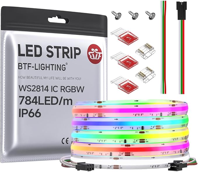 BTF-LIGHTING FCOB IP66 COB LED Strip WS2814 IC RGBW 6000K 24FT 784LED/m DC24V Flexible High Density Color Chasing Light 10mm Width for Home Indoor Decor(No Adapter or Controller)