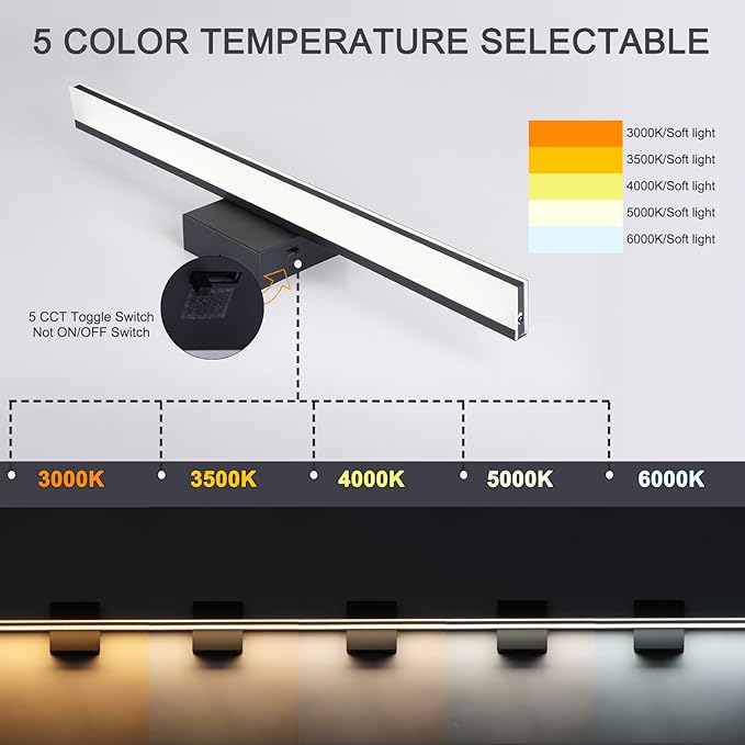 Vanity Light for Bathroom Lighting Fixtures Over Mirror 24 Inch Dimmable 5CCT Modern Vanity Lights Black Bathroom Light Bar Bath Wall Sconce 18W