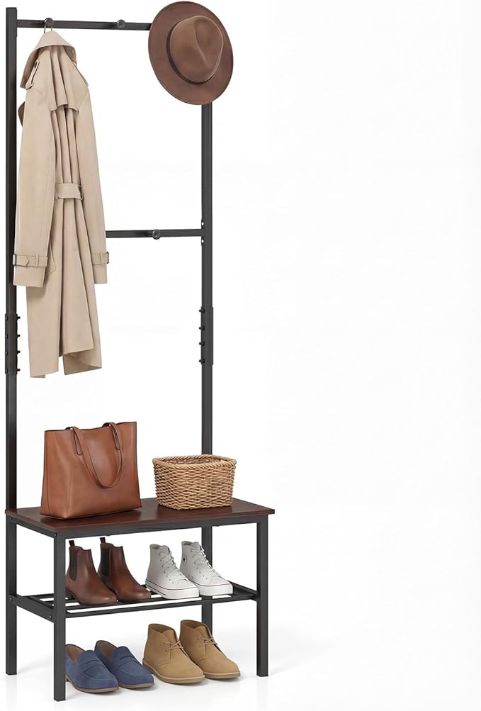 Giantex 3-in-1 Hall Tree with Bench and Shoe Storage, Freestanding Coat Rack with Hooks, Heavy Duty Metal Frame, Industrial Narrow Mudroom Organizer for Entryway Living Room Bedroom