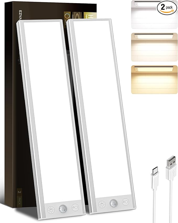 EZVALO 250LM Super Bright Under Cabinet Lighting Wireless, 8000mAh Rechargeable Battery Motion Sensor Light Indoor, Dimmable Under Counter Lights for Kitchen, 3-Inch Ultra-Wide Panel Closet Light