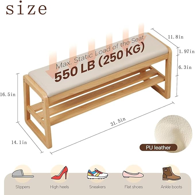 Shoe Rack Bench with Flip-Top Storage, Solid Rubberwood 2-Tier Shoe Organizer with Cushion, Wooden Shoe Stand for Entryway, Mudroom, Hallway, Closet, Front Door Entrance, Foyer,31.5in