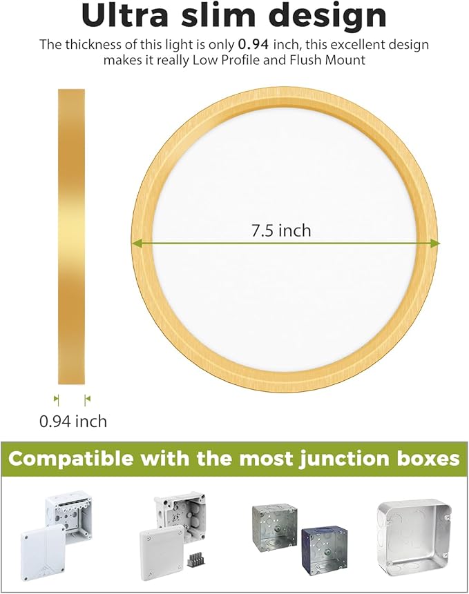hepside 2Pack Dimmable Flush Mount Ceiling Light Fixture Golden, 3CCT Selectable 3000/4000/6500K Ceiling Lamp, 7.5INCH 15W 1500LM Low Profile Light for Bedroom, Kitchen, Bathroom, Hallway