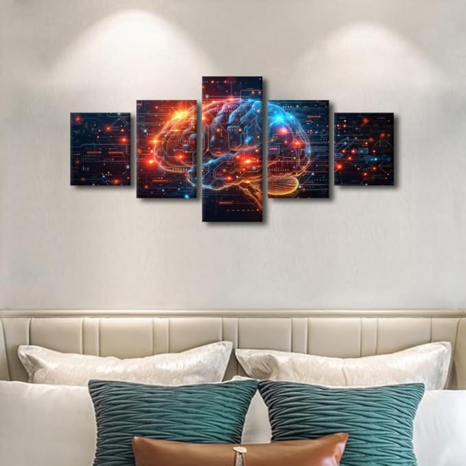 5 Panel Brain's Neural Networks Wall Art for Living Room Digital Code Pictures for Bedroom Wall Decor Artificial Intelligence Painting Wall Decorations for House Human Brain Prtins Artwork 50"Wx24"H