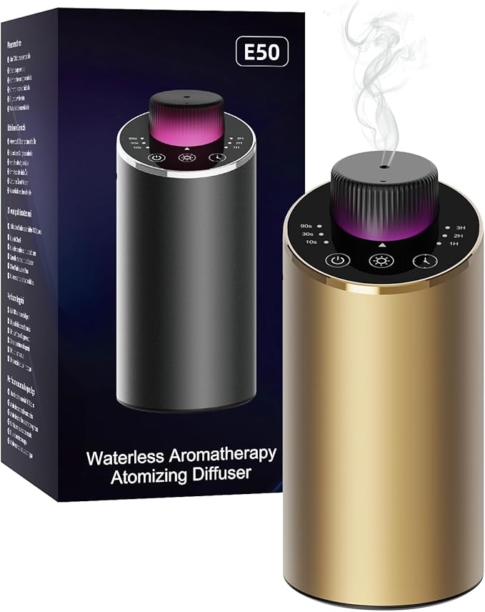 Waterless Essential Oil Diffuser Aromatherapy Scent Diffusers for Home Large Room, Bedroom, Car, Office, Desk, Battery Operated Mini Portable Air Freshener, 3 Countdown Timers & 3 Mist Levels, Gold
