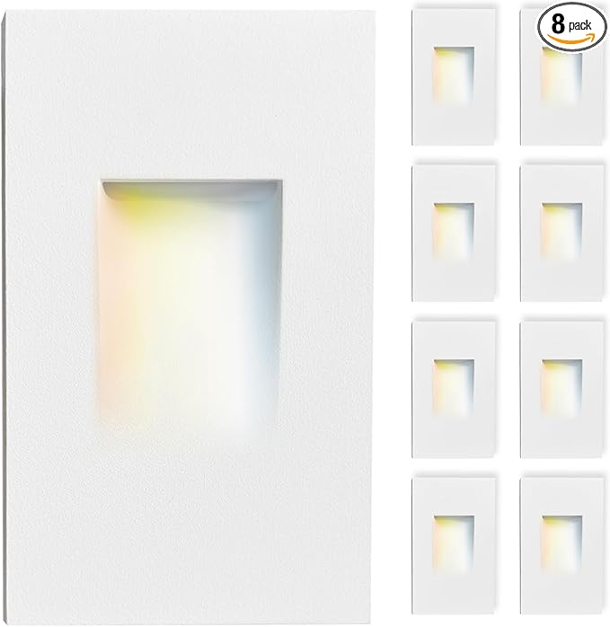 Vertical LED Recessed Step Light Fixture, 5CCT Selectable, IP65 Waterproof, 3W 70LM, 120V Stair Light Indoor Outdoor, 10%-100% Dimmable, White, ETL Listed - 8PK